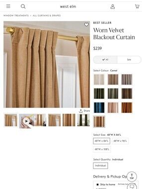West Elm Worn Velvet Blackout Curtain in Camel